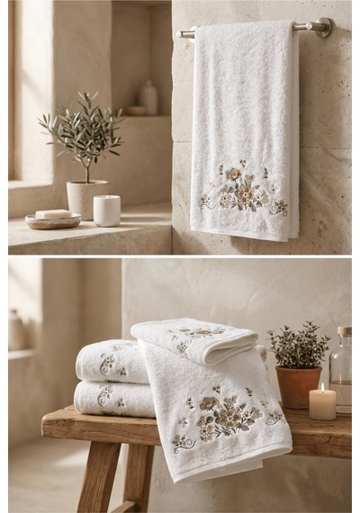Bambu Pamuk Çiçek Nakışlı 50 X 90 Cm Nakışlı El Havlusu Açık Bej