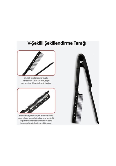 V Şekilli Saç Düzleştirici Tarak Anti Statik Saç Şekillendirme Tarağı, Kolay Kavrama Tasarımı, Elektriklenme Karşıtı, Taşınabilir Profesyonel Saç Bakım Tarağı, 24.5 Cm Siyah