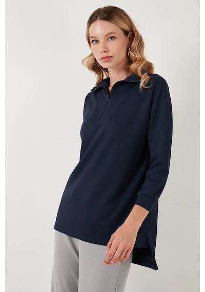 Lela Regular Fit Fermuarlı Yaka Önü Kısa Arkası Uzun Bayan Sweat 5865876 Lacivert