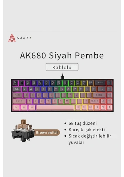 Ak680 Kahverengi Switch Hot-swap Kablolu Mekanik Oyuncu Klavye - Pembe