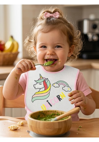 Buude 7511 Yenidoğan 0-3 Ay Unicorn Baskılı Bebek Mama Önlüğü Pembe