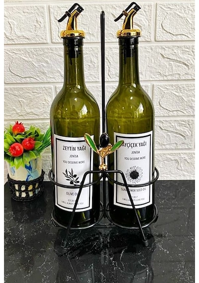 Zeytin Yaprağı Figürlü Vidalı Siyah Stand Yeşil 750 Ml Şişe Akıtı
