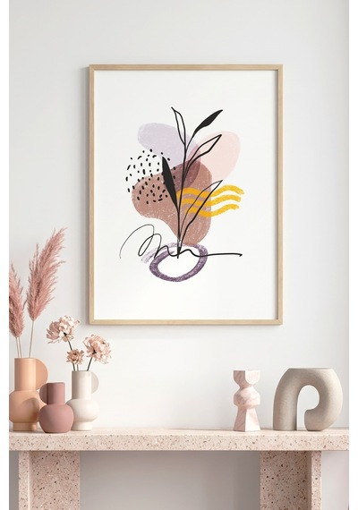 Doğal Ahşap Çerçeveli Soyut Bitki Desenli Tablo - Pastel Tonlar Huhu1057