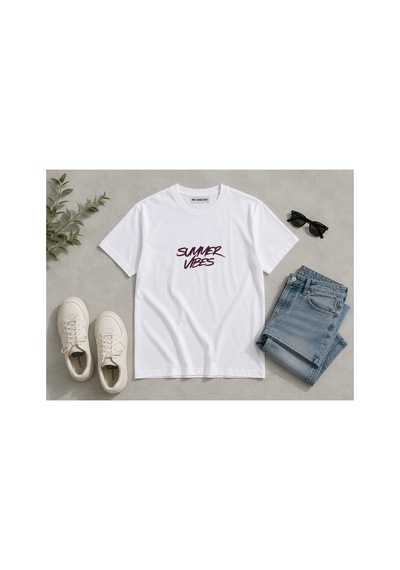 Me Selection Summer Vibes Tasarım %100 Pamuk Unisex Basic Tişört Beyaz