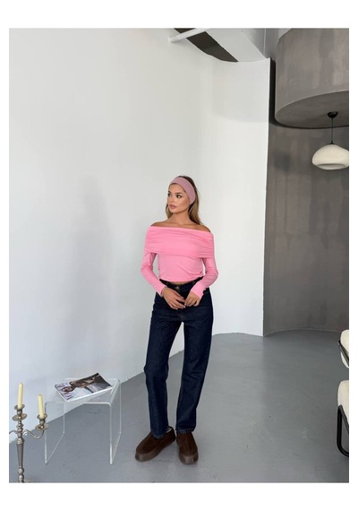 Kechi Woman Dalgıç Kumaş Madonna Yaka Pembe Bluz