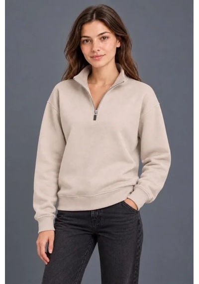 Üç İplik İçi Şardonlu Dik Yaka Yarım Fermuarlı Kışlık Sweatshirt - Bej