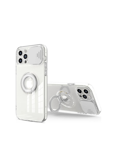 Ally iPhone Uyumlu 13 Pro Max 6.7inç Kılıf Sürgülü Kamera Lens Korumalı Yüzük Standlı Silikon Kılıf- 5775 Şeffaf