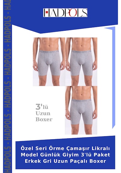 Hadpols Özel Seri Örme Çamaşır Likralı Model Günlük Giyim 3'lü Paket Erkek Gri Uzun Paçalı Boxer