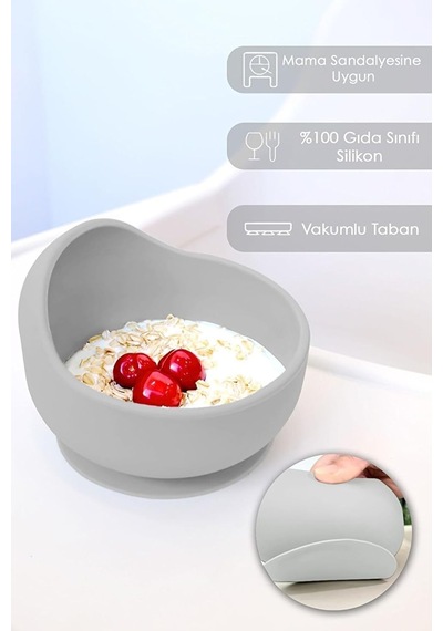 Meleni Baby Vakum Tabanlı Bebek Mama Kasesi - Vakumlu Oval Silikon Kase - Gri Genel