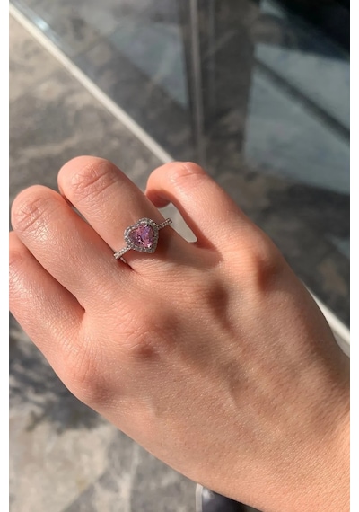 Gümüş Pembe Taşlı Kalpli Yüzük Sevgiliye Eşe Anneye Hediye Wsr126