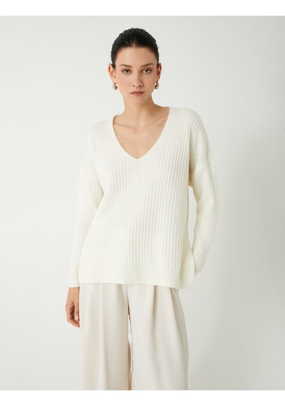 Koton Basic V Yaka Oversize Triko Kazak Yumuşak Dokulu Uzun Kollu Ekru 5wak90252ht Ekru