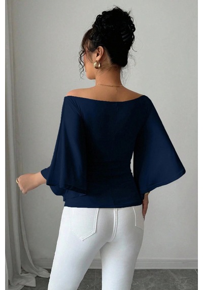 Kadın Lacivert Kayık Yaka Flare Kol Drapeli Fit Bluz Lacivert