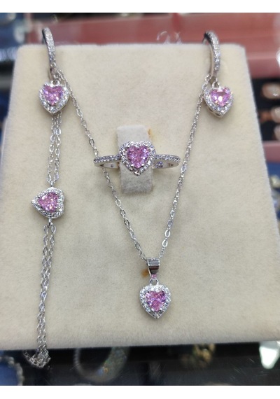 925 Ayar Gümüş Pembe Kalpli 4 'lü Gümüş Set, Kolye, Küpe, Yüzük V