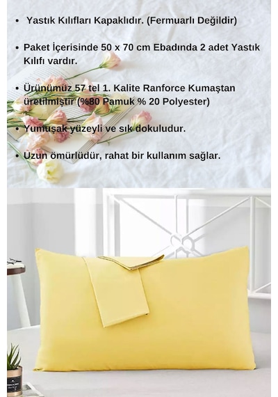 Sarı Renkli Pamuklu Ranforce Kumaştan Yastık Kılıfı 2 Adet