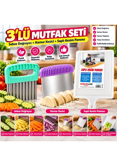 3 Lü Mutfak Seti Sebze Doğrayıcı Hamur Kesici Ve Saplı Kesim Panosu 6999