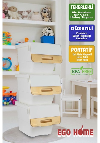 3lü Tekerlekli Oyuncak Düzenleme Dolabı Kapaklı Saklama Kutusu Oyuncak Sepeti Çok Amaçlı Mote 36 Lt Beyaz