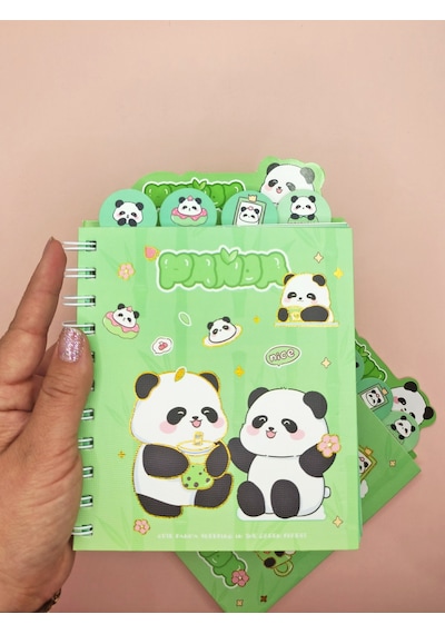 Sevimli Panda Ayraçlı A5 Not Defteri 14x18 Cm - Panda Bff Yeşil