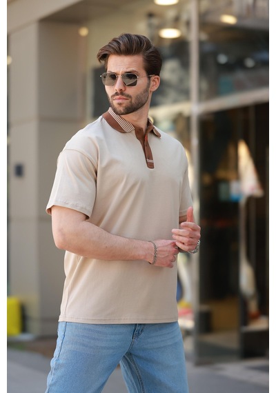 Madmext Bej Polo Yaka Erkek T-shirt E7147 Bej