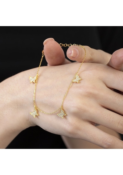 Tesbihane Beyaz Zirkon Taşlı Gold Renk Kelebek Tasarım 925 Ayar Gümüş Kadın Bileklik