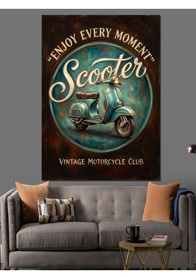 Retro Scooter Ve Özgürlük Yazısı Dekoratif Kanvas - Mdf Ahşap Tablo