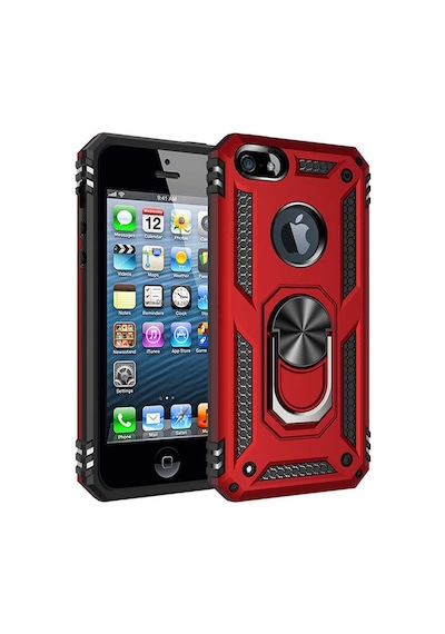 Kilifone - İphone 5 Uyumlu Kılıf Koruyucu Yüzüklü Çift Katman Vega Kapak - Kırmızı - T9654