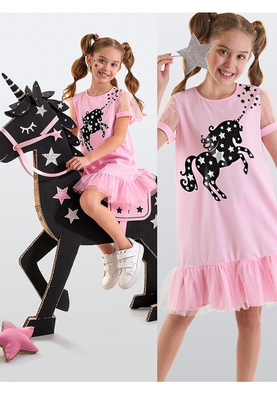 Denokids Yıldızlı Unicorn Kız Çocuk Pembe Tüllü Fırfırlı Yazlık Elbise
