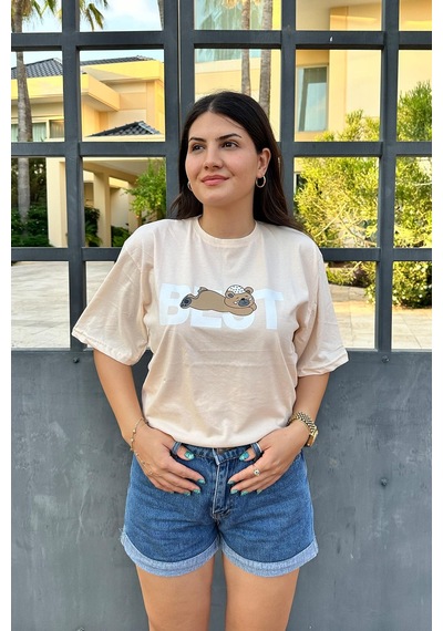 Taş Renk Best Baskı Ayıcık Desenli Unisex Oversize T-shirt Taş