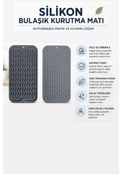 Gri 30x15 Cm Çok Amaçlı Silikon Bulaşık Kurutma Matı Bulaşıklık Mt257