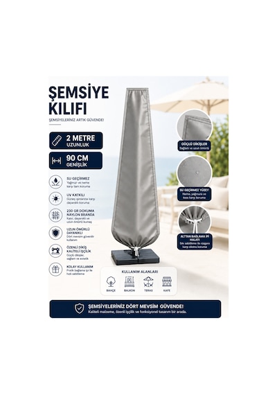 Su Geçirmez Uv Katkılı Bahçe Şemsiye Kılıfı 200 X 90 Cm Dayanıklı Koruyucu Branda Gri