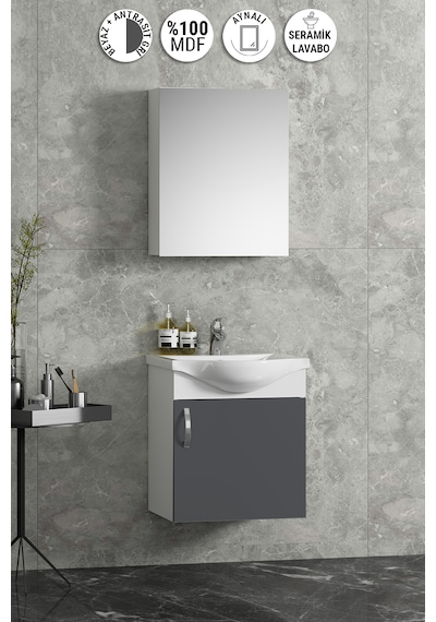 Yıldız 45 Cm Beyaz-antrasit Gri Mat Mdf Seramik Lavabolu Asma Banyo Dolabı Takımı