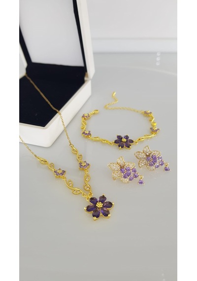 Mor Çiçek Gold Rengi Çelik Takı Seti Gümüş - Rose Gold