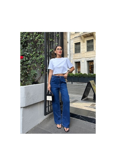 Kene Jeans Yüksek Bel/beli Lastikli Bağıcıklı Bol Paça Jeans Lacivert