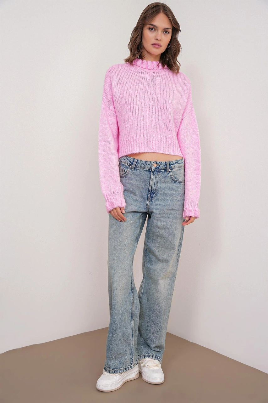 Mixray 6883 Kadın Fırfır Detay Crop Triko Kazak Pembe