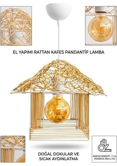 Kulübe Ev Tasarım Avize - E27 Duy, Beyaz Kablolu Sarkıt