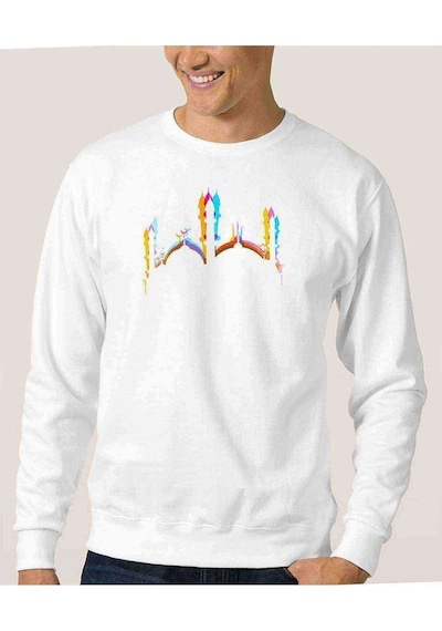 Silhouette Mosque Baskılı Beyaz Erkek Örme Sweatshirt (534642985)
