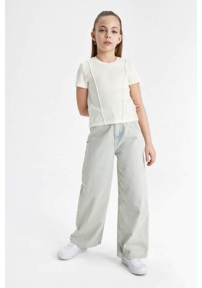 Defacto Kız Çocuk Slim Fit Bisiklet Yaka Ribana Kısa Kollu Tişört C0104A824SMER136 Ekru