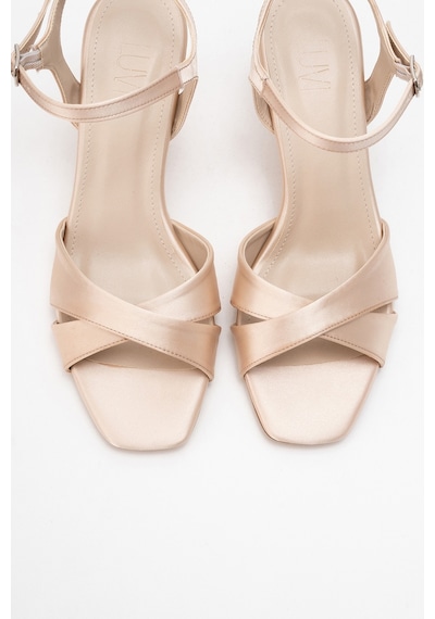 Luvishoes Luvi Shoes Melin Bej Saten Çapraz Bantlı Kadın Topuklu Ayakkabı Bej Saten