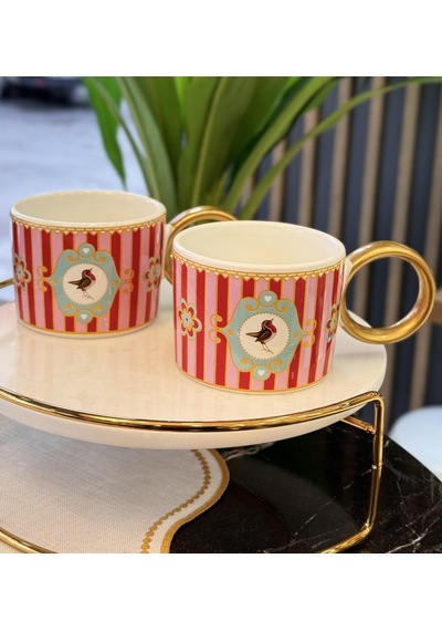 2'li Lüks Piano Bird Pink Kupa-3979 Kırmızı