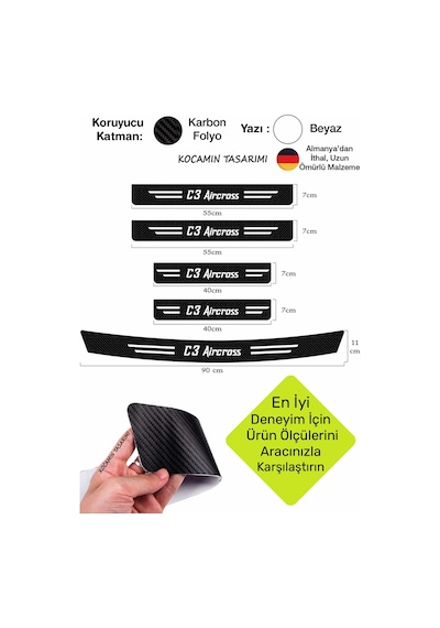 Citroen C3 Aircross Araç Kapı Ve Bagaj Eşiği Koruyucu Set Karbon Folyo Çizilme Engelleyici C3 Aircross Yazılı