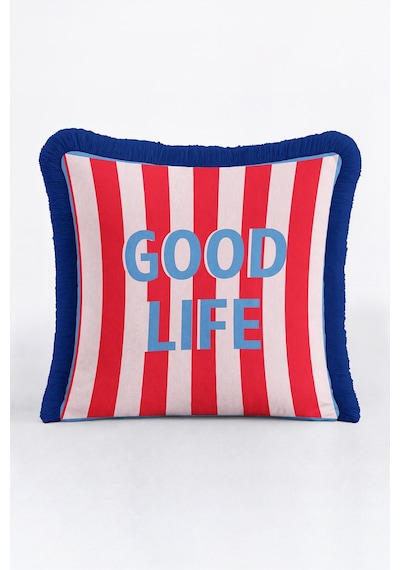 Pop Art Good Vibes Saçaklı Yastık Kılıfı - Lacivert Retro Kırmızı Mavi Püsküllü Kırlent Kılıfı Sakin Vadi Mira