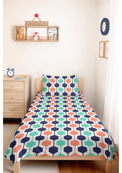 Geometrik Lacivert Genç Odası Tek Kişilik Pike Takımı - Mint Somon 160x220 Cm Kapitone Yatak Örtüsü Altın