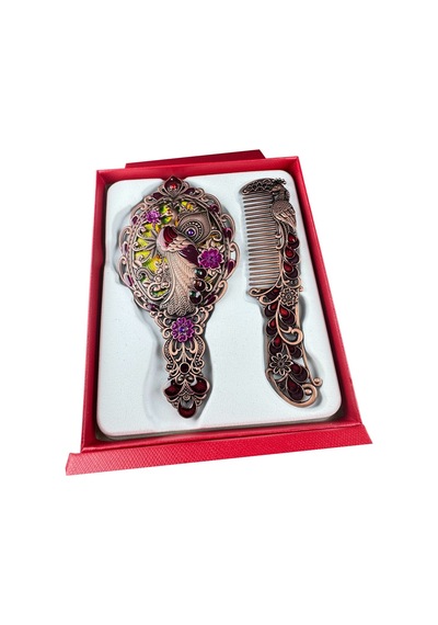 Tavus Kuşu Desenli Vintage Ayna Tarak Seti Özel Tasarım Ve Özel Kutulu 13,5 Cm & 13 Cm Çok Renkli 841686677