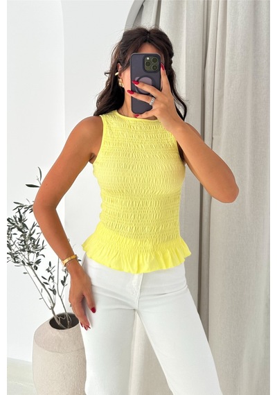 Femelle Sarı Fırfırlı Büzgülü %100 Pamuk Bluz