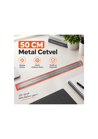 Metal Cetvel 50 Cm Gri
