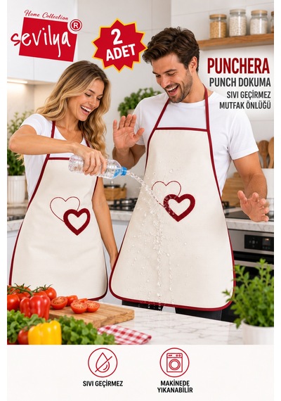 Punchera 2li Paket Punch Nakışlı Sıvı Su Geçirmez Mutfak Önlüğü Kalp