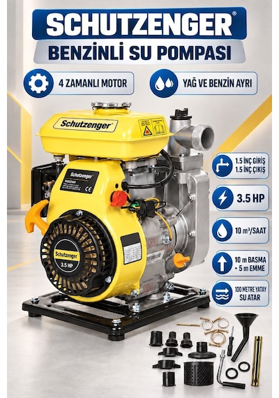 4 Zamanlı Benzinli Su Pompası 3.5 Hq 1.5 Inç Çıkış 100mt Yatay Atar Tarla Bahçe Sulama 5 Mt Emiş Sarı 7010