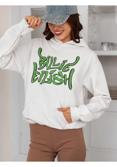 Sevbano Tasarım Billie Eilish Baskılı Unisex Oversize Tasarım Şarkıcı Hoo Beyaz