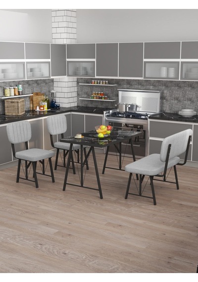 Hayat 70x110cm Sabit Bendir Mutfak Masası, Mutfak Masası Takımı, Yemek Masası, 2 Sandalye 1 Bench - Açık Gri Açık Gri