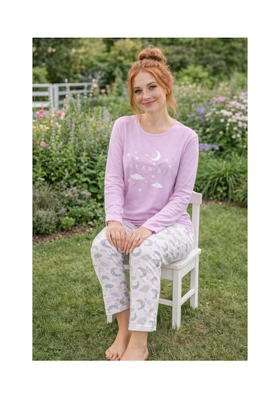 Rindahomewear Kadın Bulut Yıldız Baskılı Süprem Uzun Kol Pijama Takımı Mor