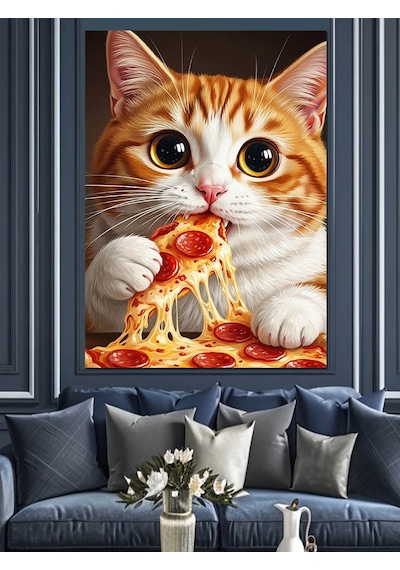 Pizza Yiyen Sevimli Kedi Dekoratif Kanvas - Mdf Ahşap Tablo